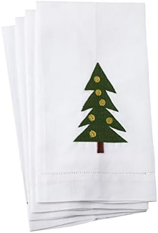 Charming Christmas Tree Embroidery Design Hemstitch Linen Cotton Hand Towels Set of 4