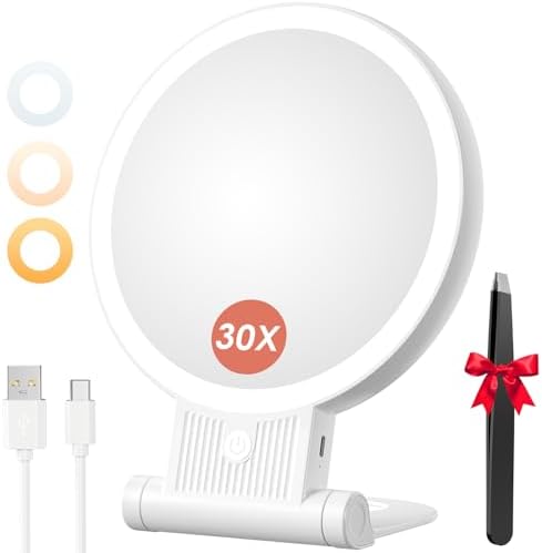 1X30X Magnifying Mirror with Light Double-Sided Portable auxmircom
