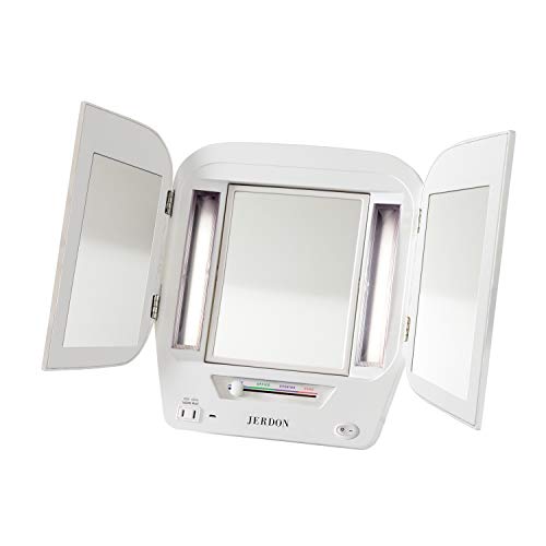 JERDON Two-Sided Makeup Mirror with 5X-1X Magnification Dual Light Settings