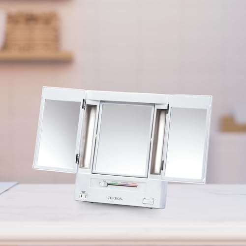 JERDON Compact Trifold Vanity Mirror 5X Magnification White