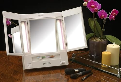 JERDON Compact Trifold Vanity Mirror 5X Magnification White