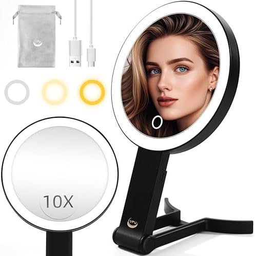 Foldable Dual-Light Makeup Mirror with 10X Magnification