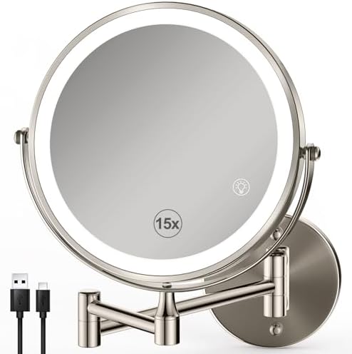 Magnifying Wall-Mounted Mirror wLights - 15-85 Double Sided MakeUp Details
