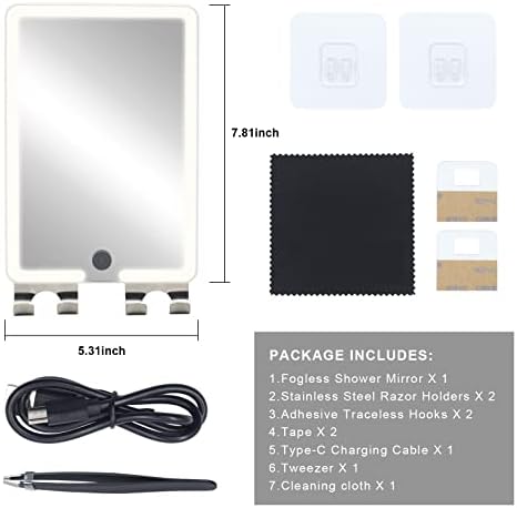 RRtide Heated Shower Mirror - No Fog LED Light Real Glass Rechargeable