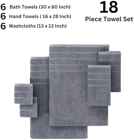 Casa Platino Bath Towels Set - 18 Piece 100 Cotton Towels Cool Grey