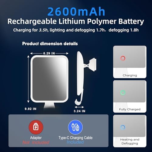 Fandenoni Heated Shower Mirror - Anti-Fog Rechargeable LED Shaving Mirror