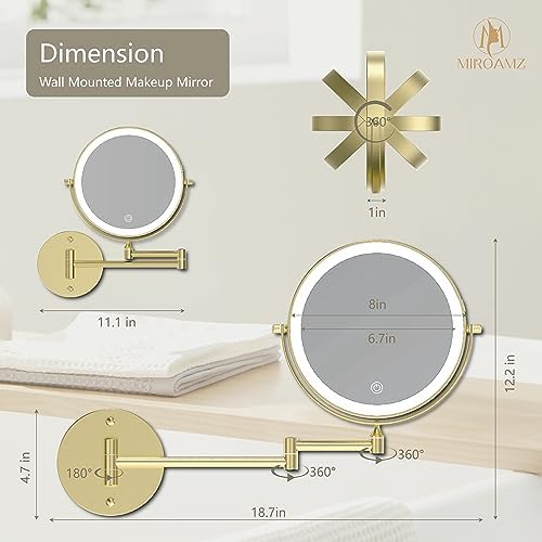 MIROAMZ 8 Wall-Mounted Lighted Makeup Vanity Mirror with 1X 10X Magnification