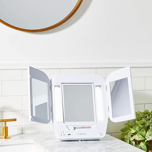 JERDON Two-Sided Makeup Mirror with 5X-1X Magnification Dual Light Settings