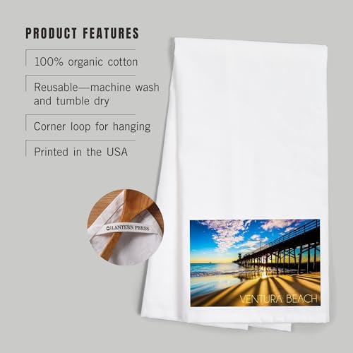 Lantern Press Ventura Beach Seal Beach Pier Sunset Cotton Tea Towel