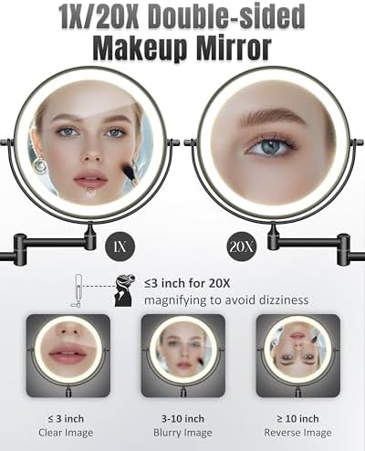 Wall-Mounted Makeup Mirror with 20X LED Lights 360 Rotation