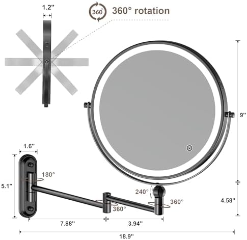 9-inch Wall-Mounted Makeup Mirror with Touch Screen Dimmable Lighting