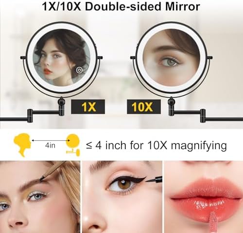 9-inch Rechargeable Wall-Mounted Makeup Mirror with 10x Magnification