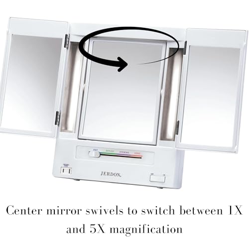 JERDON Compact Trifold Vanity Mirror 5X Magnification White