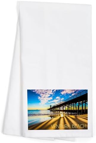 Lantern Press Ventura Beach Seal Beach Pier Sunset Cotton Tea Towel