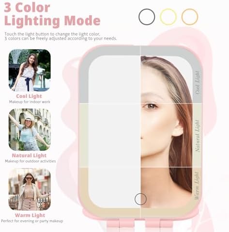Travel Makeup Mirror 2000mAh Battery-Powered Illuminated Mirror Pink