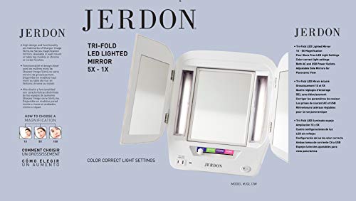 JERDON Two-Sided Makeup Mirror with 5X-1X Magnification Dual Light Settings