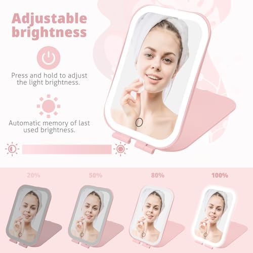 Travel Makeup Mirror 2000mAh Battery-Powered Illuminated Mirror Pink