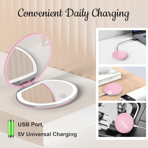 Compact Mirror with Light - Pocket Mirror for Travel Pink