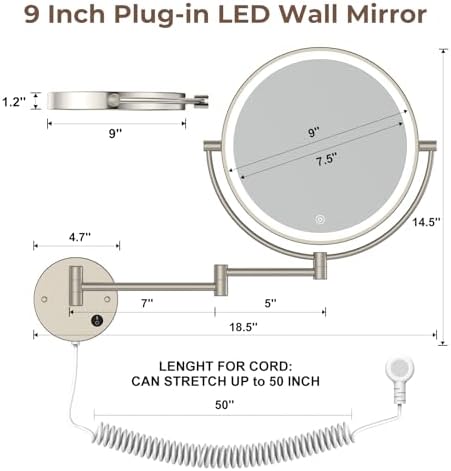 Wall-Mounted Makeup Mirror with LED Light for Bathrooms