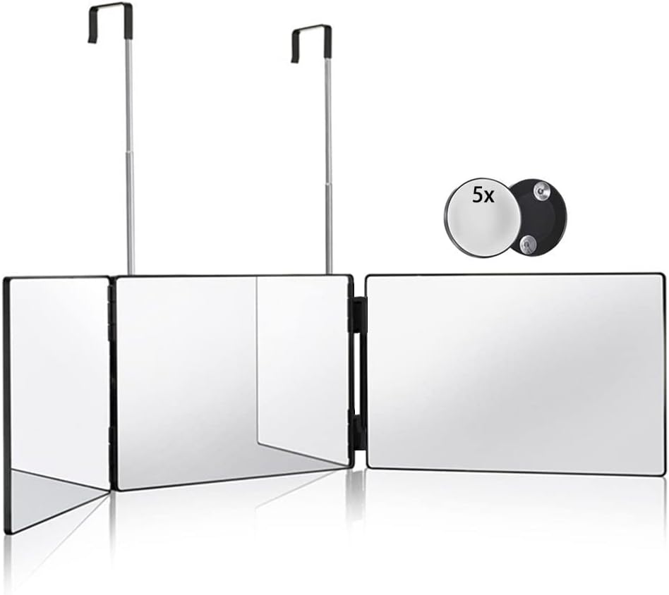 360 Degree Trifold Mirror with Adjustable Height and Magnifying Glass