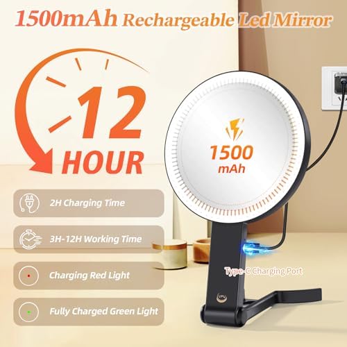 Foldable Dual-Light Makeup Mirror with 10X Magnification