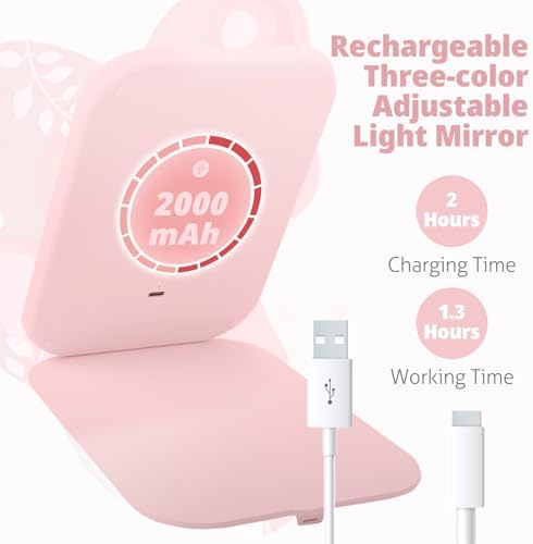 Travel Makeup Mirror 2000mAh Battery-Powered Illuminated Mirror Pink