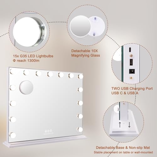 FENCHILIN Vanity Mirror With 15 Dimmable LED Lights 10x Magnifier