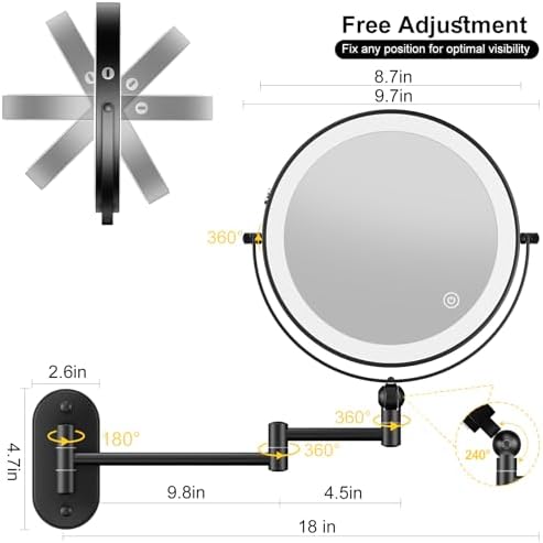 9-inch Rechargeable Wall-Mounted Makeup Mirror with 10x Magnification