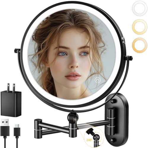 9-inch Rechargeable Wall-Mounted Makeup Mirror with 10x Magnification