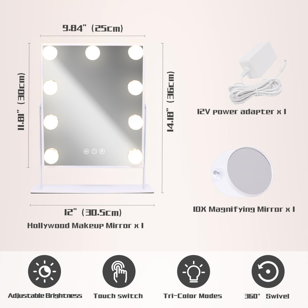 COOLJEEN Vanity Mirror with 360 Lights 10X Magnification
