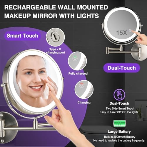 Magnifying Wall-Mounted Mirror wLights - 15-85 Double Sided MakeUp Details