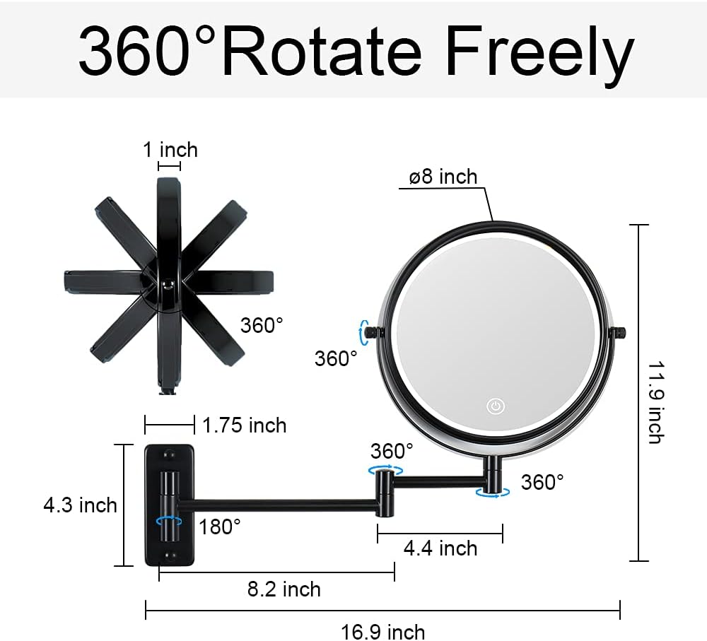 Rechargeable Wall-Mounted Makeup Mirror with 3_light Modes and Touch Control