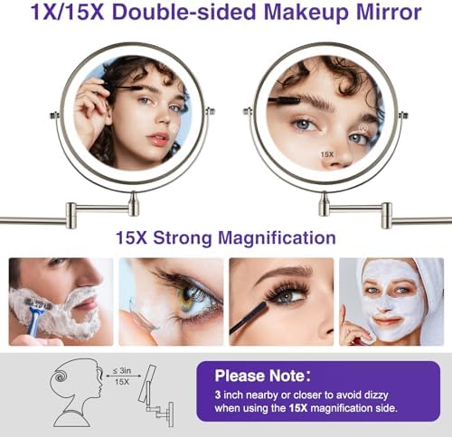 Magnifying Wall-Mounted Mirror wLights - 15-85 Double Sided MakeUp Details