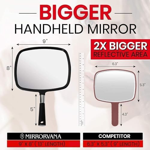 Professional Hand Mirror Large Comfortable Handle 9x13-inch Black