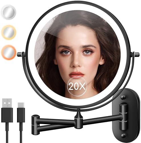 Wall-Mounted Makeup Mirror with 20X LED Lights 360 Rotation