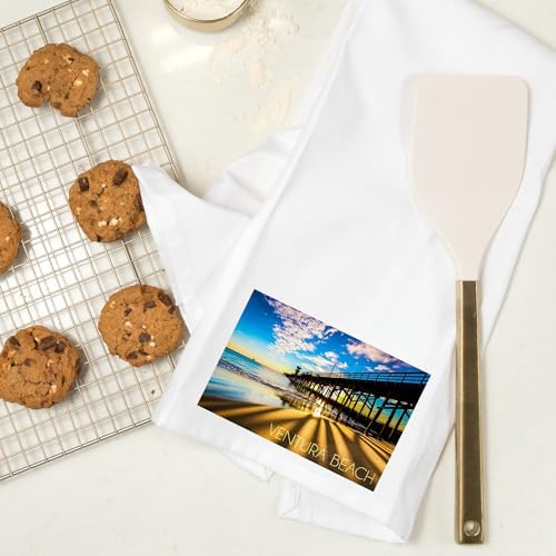 Lantern Press Ventura Beach Seal Beach Pier Sunset Cotton Tea Towel