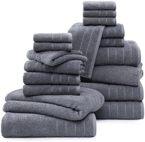 Casa Platino Bath Towels Set - 18 Piece 100 Cotton Towels Cool Grey