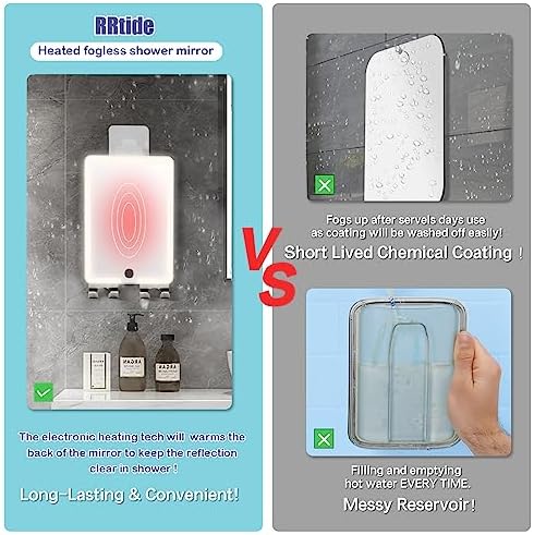 RRtide Heated Shower Mirror - No Fog LED Light Real Glass Rechargeable