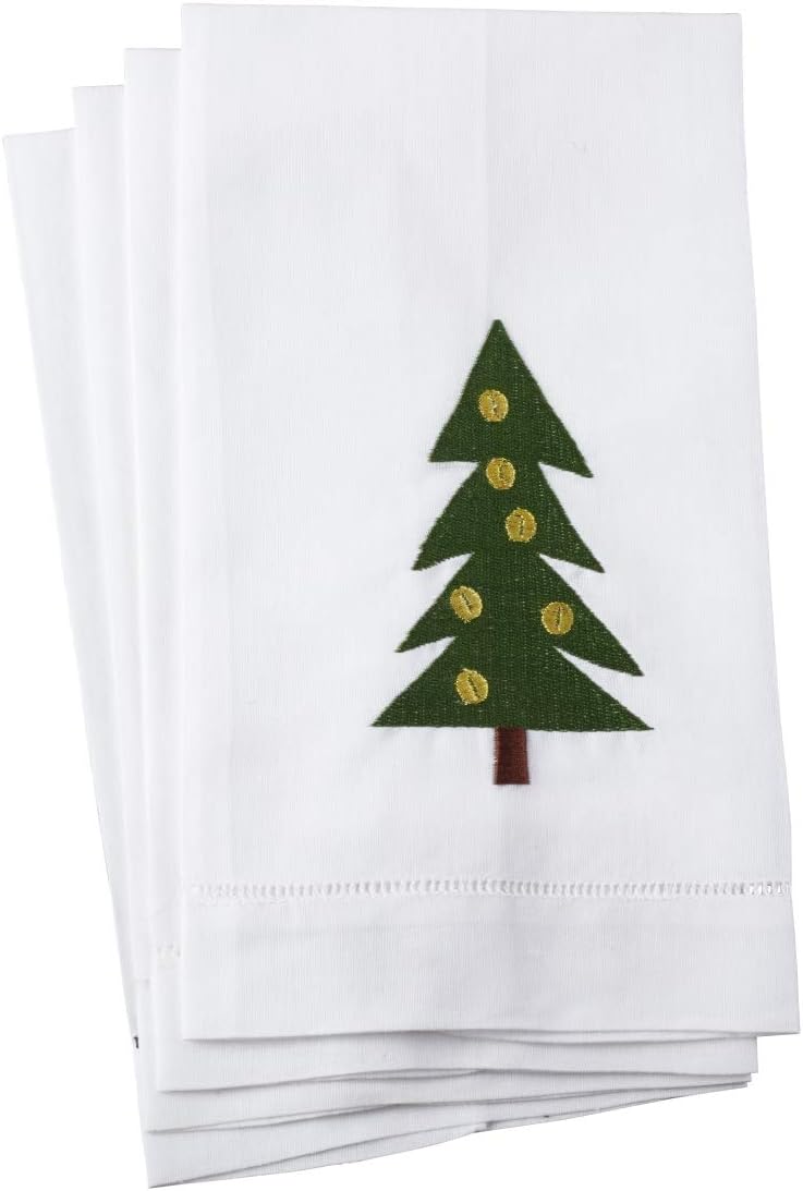 Charming Christmas Tree Embroidery Design Hemstitch Linen Cotton Hand Towels Set of 4