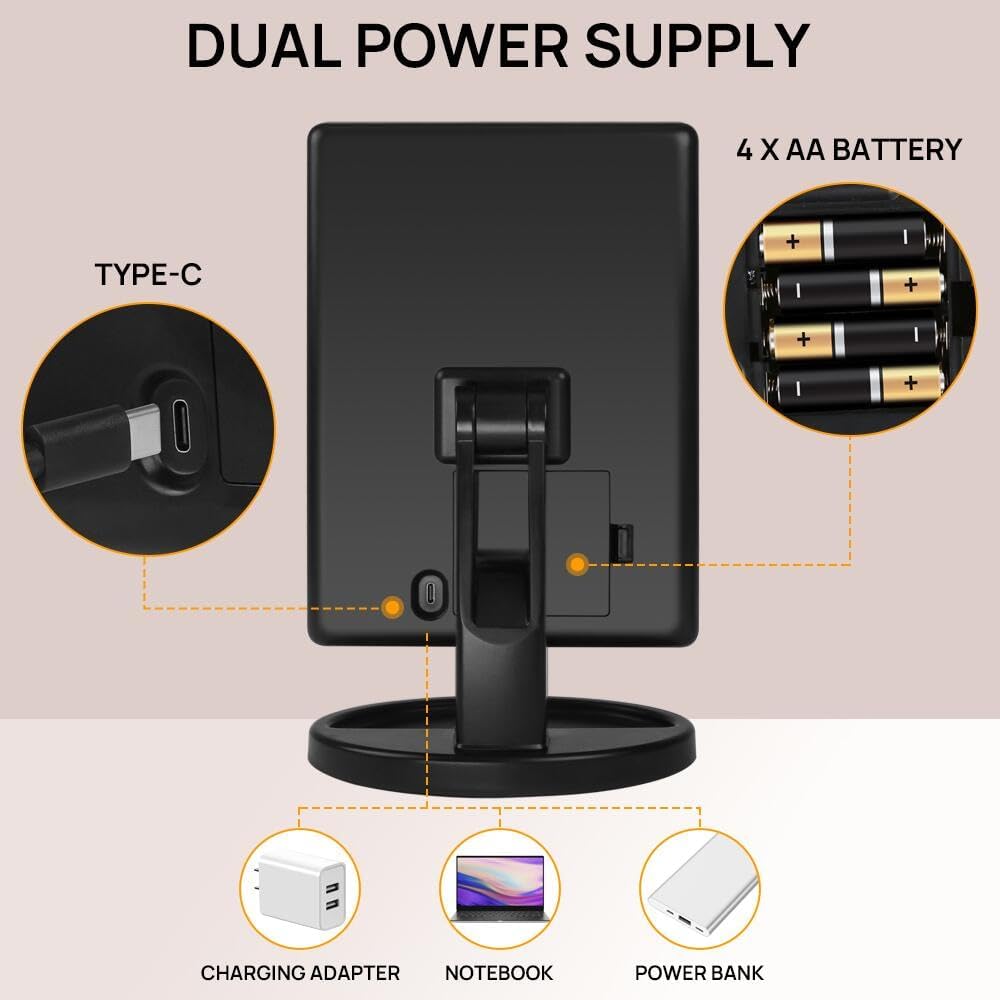 Compact Lighted Makeup Mirror with Dual Power Supply
