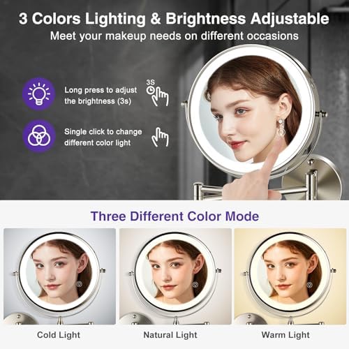 Magnifying Wall-Mounted Mirror wLights - 15-85 Double Sided MakeUp Details