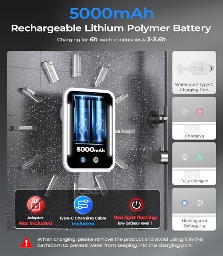 Gospire Heated Fogless Shower Mirror No-Fog Waterproof Rechargeable No Drilling
