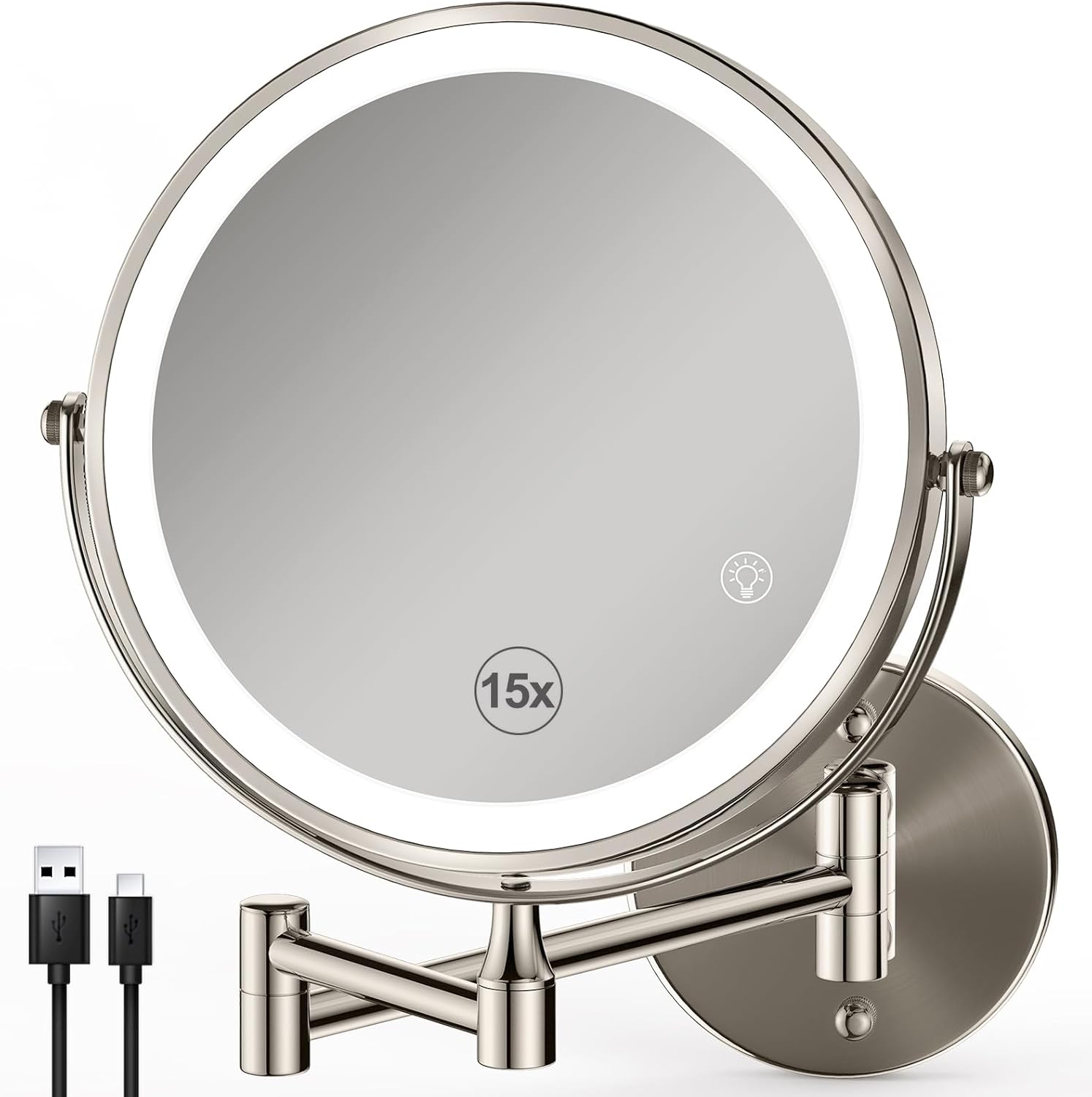 Magnifying Wall-Mounted Mirror wLights - 15-85 Double Sided MakeUp Details