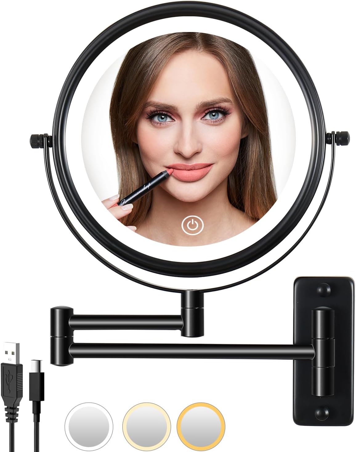 Rechargeable Wall-Mounted Makeup Mirror with 3_light Modes and Touch Control