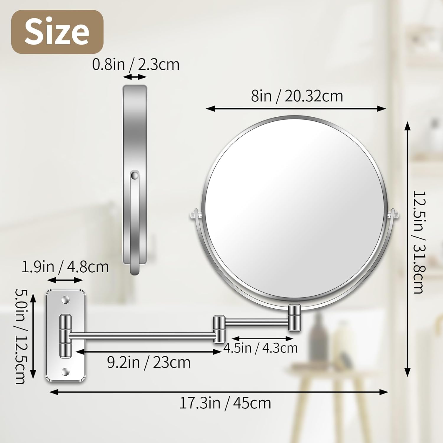 8 Wall Mounted Magnifying Mirror for MakeUp Grooming in Chrom