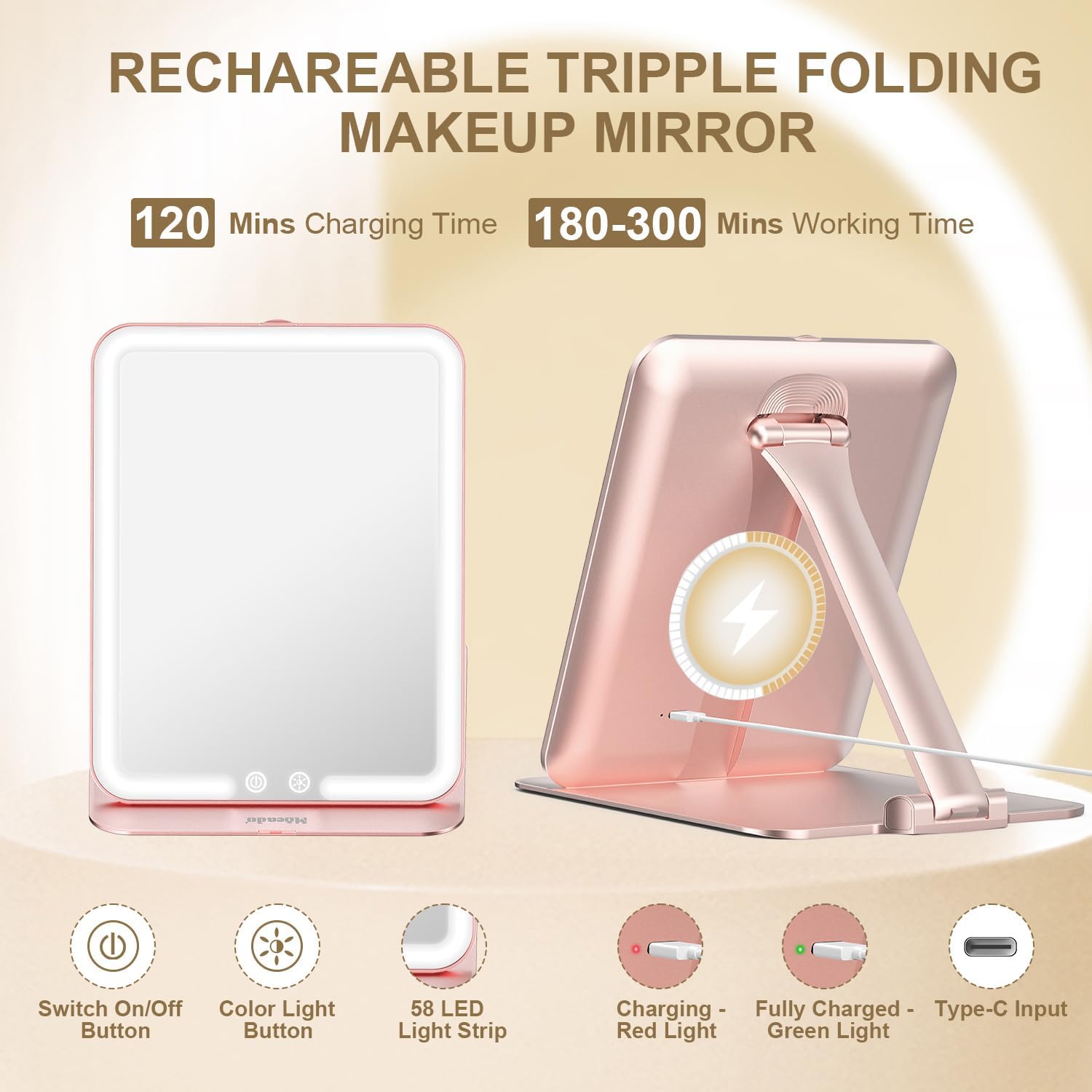 Mocado Rechargeable Travel Makeup Mirror with Light - Rose Gold 1