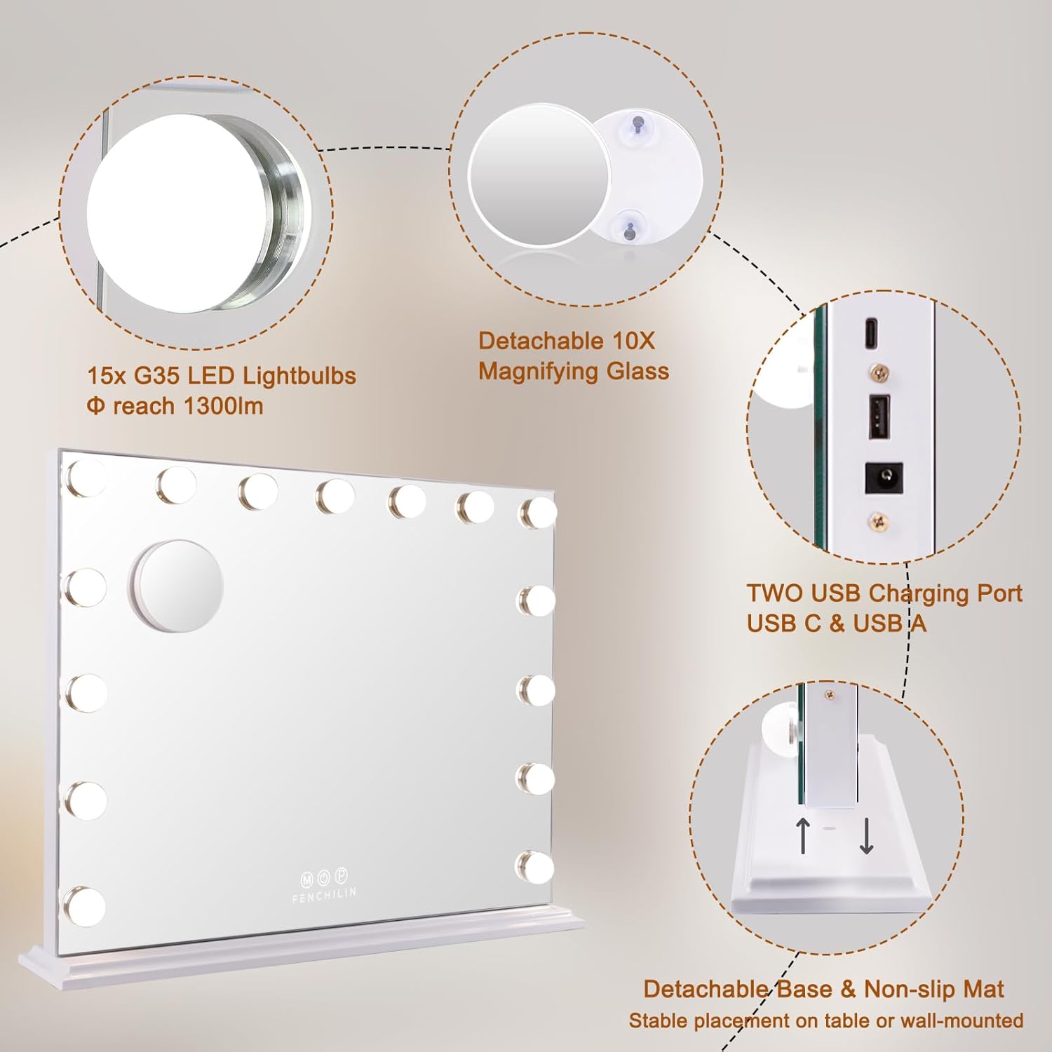 FENCHILIN Vanity Mirror With 15 Dimmable LED Lights 10x Magnifier