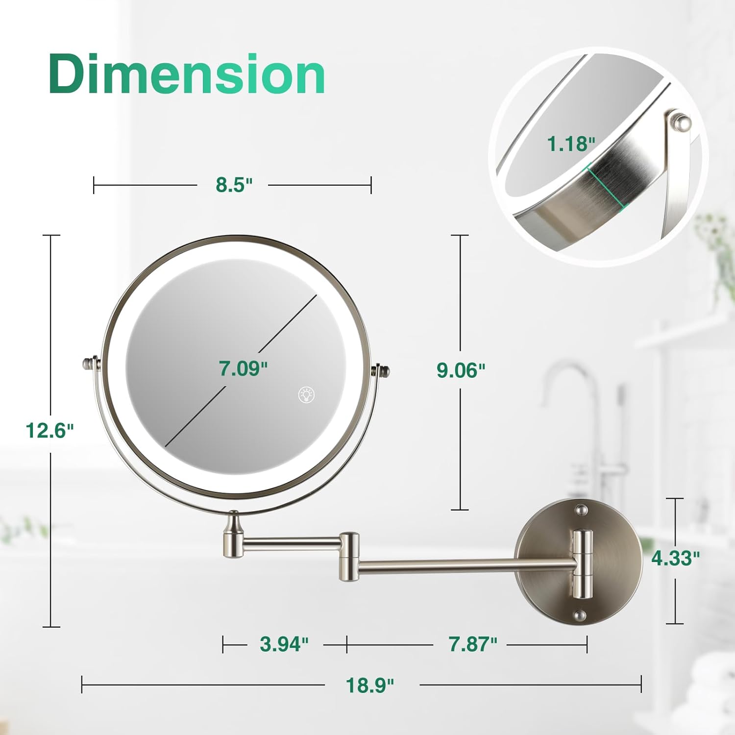Rechargeable Wall Mounted Makeup Mirror with Lights Extension