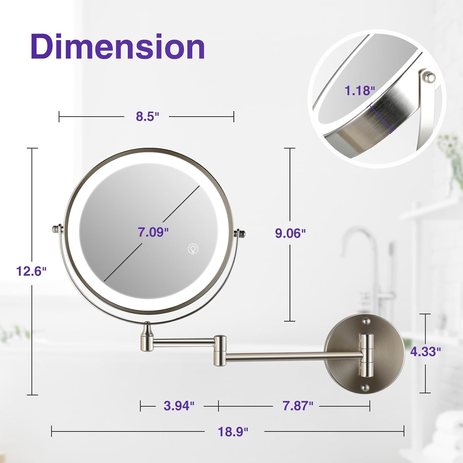 Magnifying Wall-Mounted Mirror wLights - 15-85 Double Sided MakeUp Details