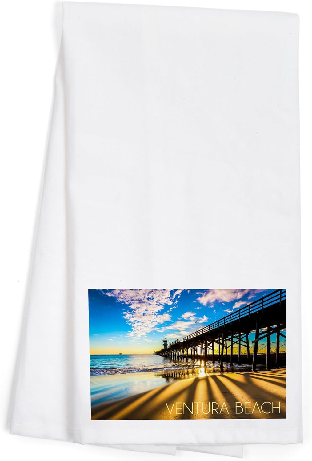 Lantern Press Ventura Beach Seal Beach Pier Sunset Cotton Tea Towel